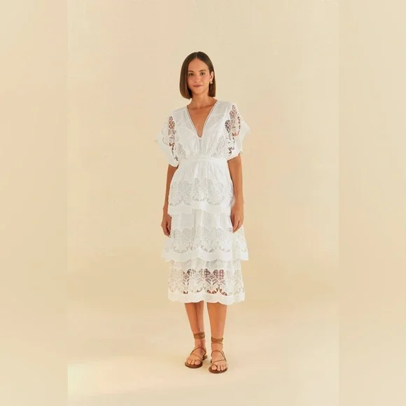 NWOT Farm Rio Off White Richelier MIDI Tiered Dress Eyelet Embroidery size XS - Picture 6 of 12